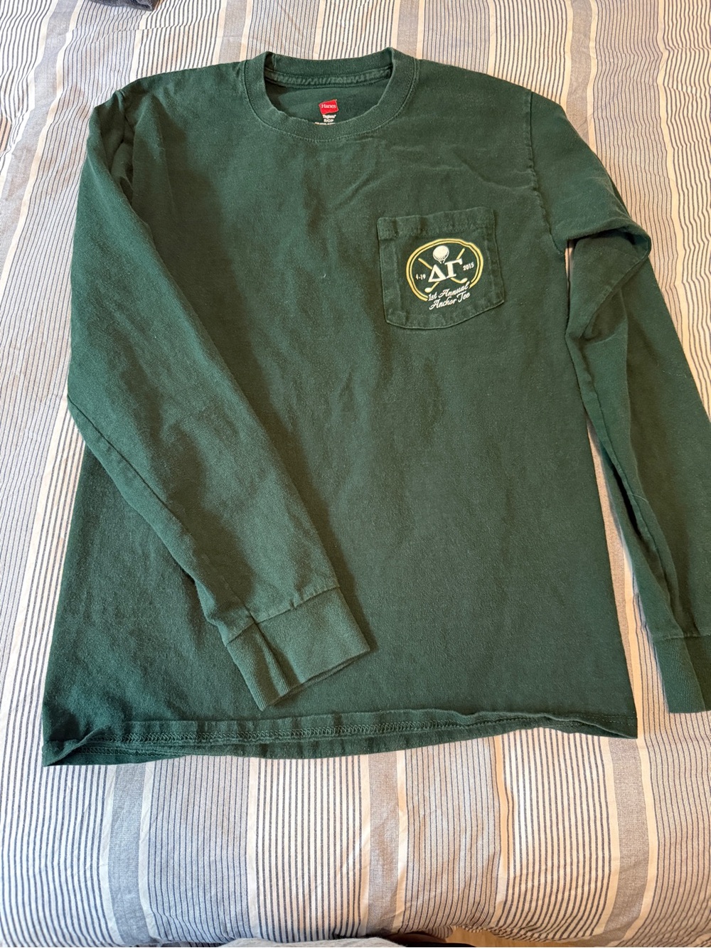 Hanes Green Crewneck Long Sleeve Tee with Delta Gamma Anchor Tee Logo